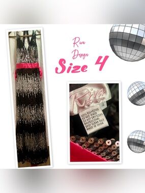 Riva Design Sequin V-Neck Party Dress in Black & Silver with Pink Sash Bow